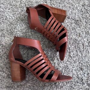 Coach brown leather open toe woven heels Size 7.5